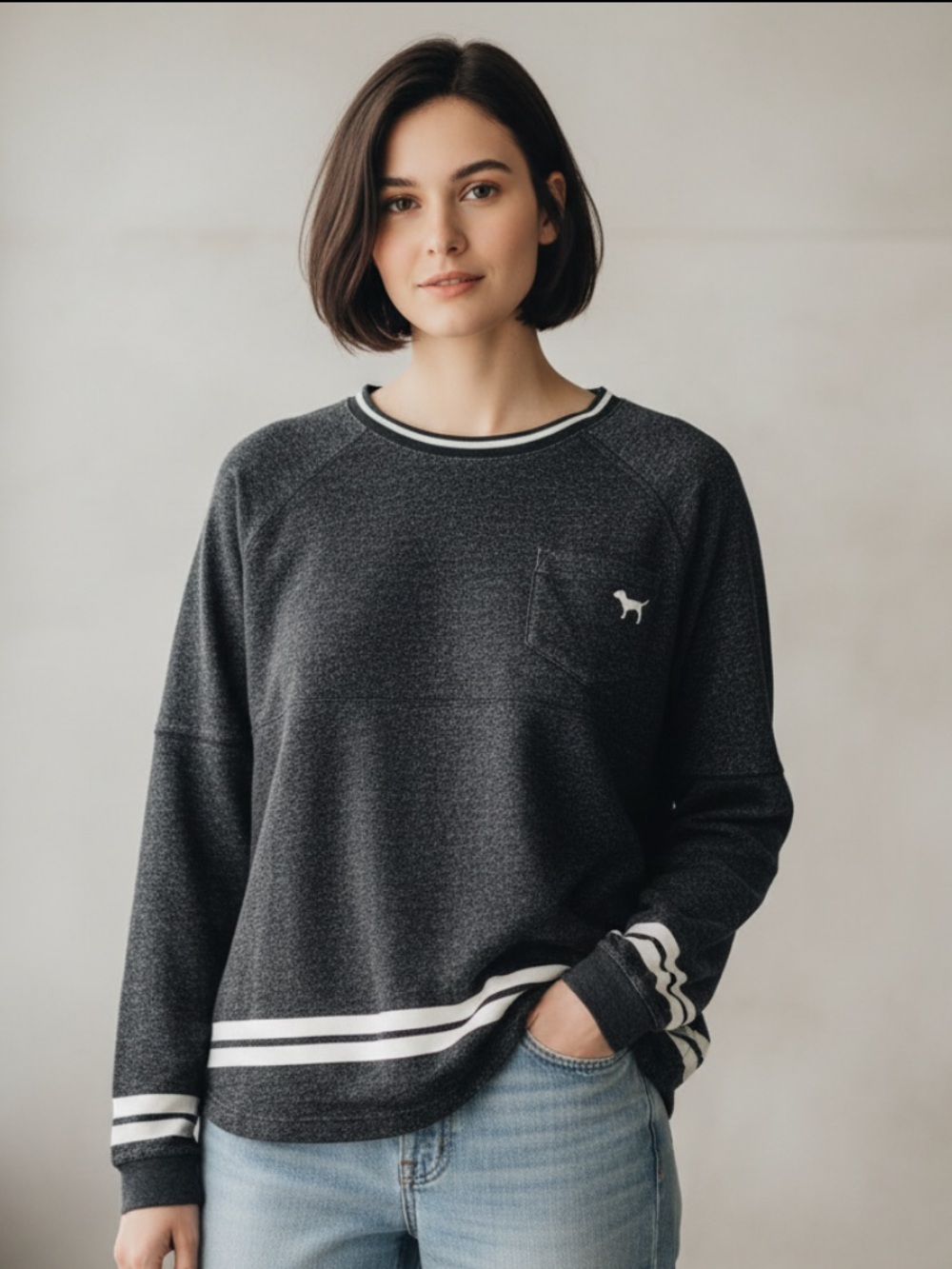 PINK Victoria's Secret Black Marled Long Sleeve Tee with White Stripe Details